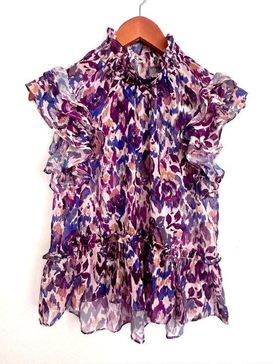 Meet Me In Santorini Tops - Meet Me in Santorini Ruffled High-Neck Floral Blouse Purple Mix Top Size Small